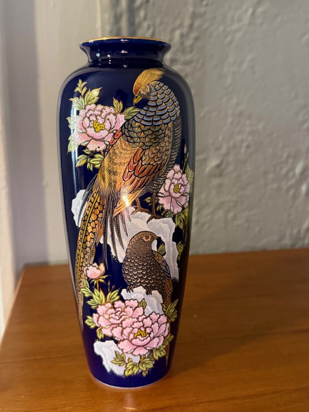 Traditional Vintage Kutani Cobalt Blue Enamel Floral Pheasant Bird Slim Vase